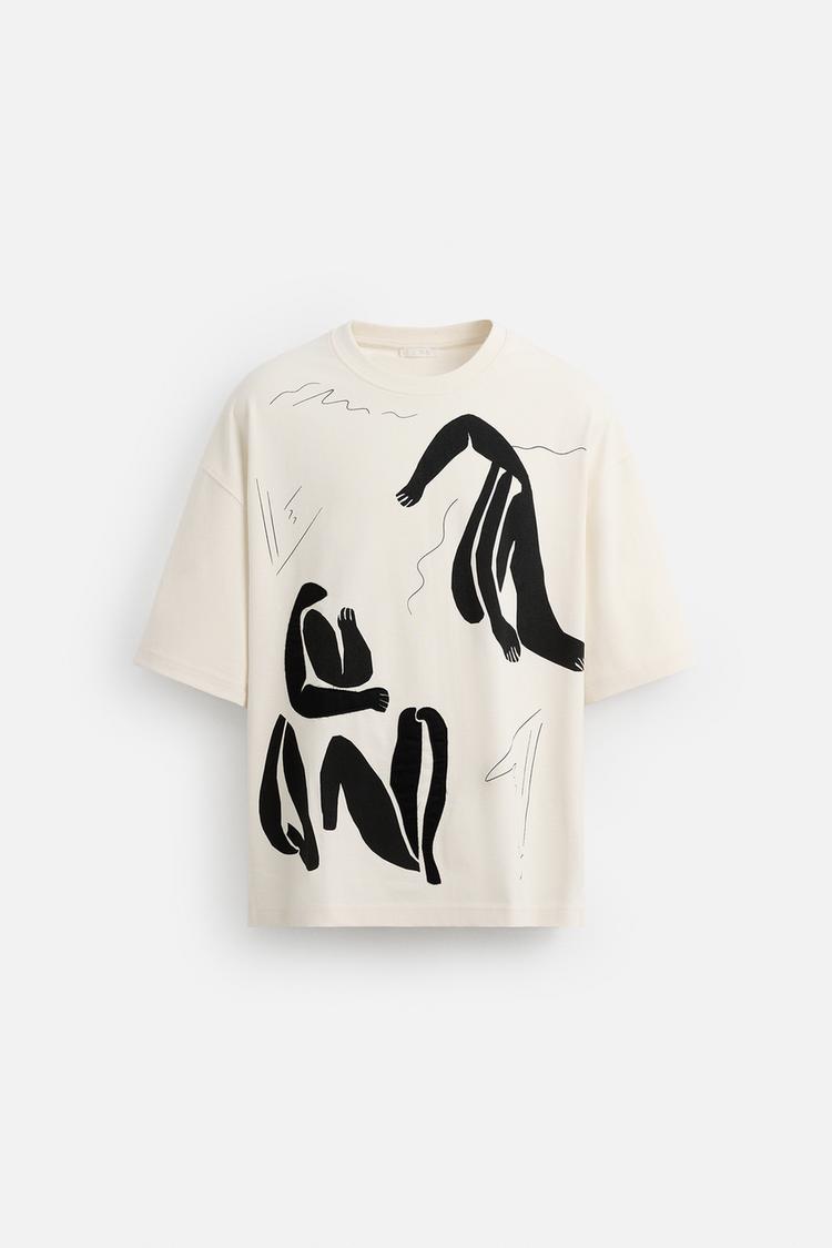 RixxRich Minimalist Abstract Art T-Shirt – Cream White Cotton Tee with Black Silhouette Print
